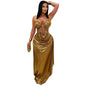Women's Sexy Halter Neck Gold Chain Ruched Bodycon Dress