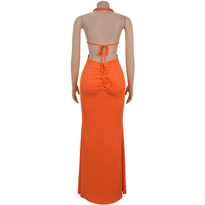 Fashion Women's Sexy Knitted Halter Backless Solid Color Dress