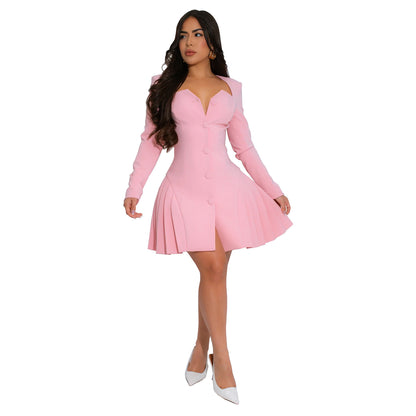 European and American Fashion Women's Elegant Deep V Long Sleeve Ruffled Short Dress