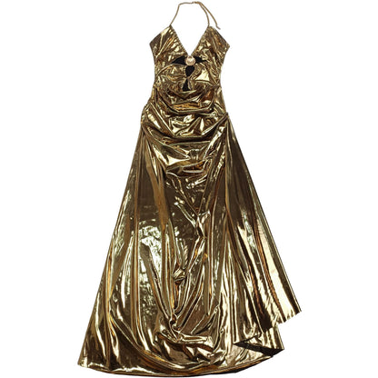 Women's Sexy Halter Neck Gold Chain Ruched Bodycon Dress