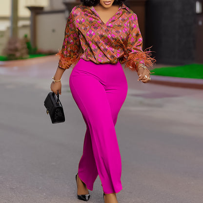 Printed Long Sleeve Shirt Elegant Wide Leg Pants Fashion Set
