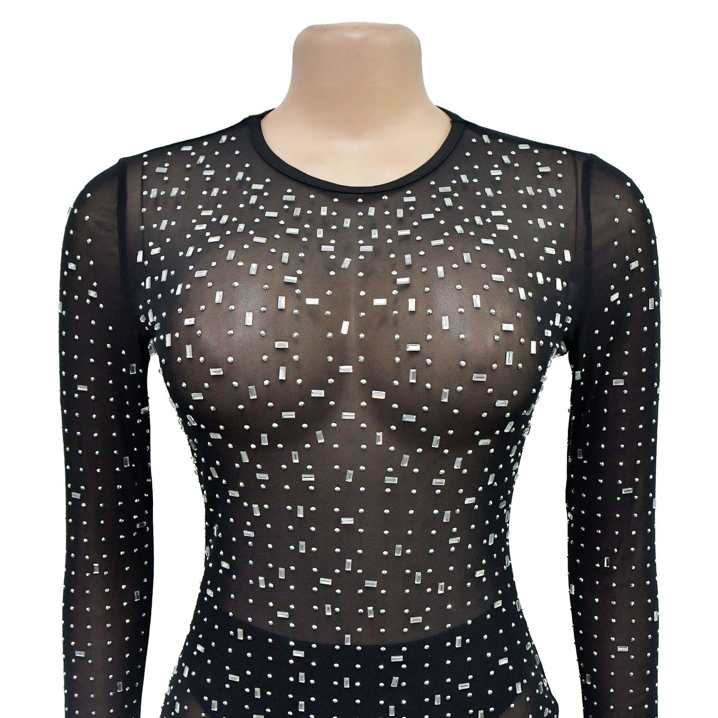 European and American Fashion Women's Solid Color Mesh Rhinestone Long Sleeve Long Dress