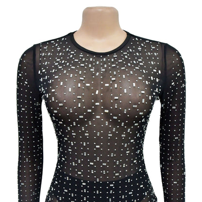 European and American Fashion Women's Solid Color Mesh Rhinestone Long Sleeve Long Dress