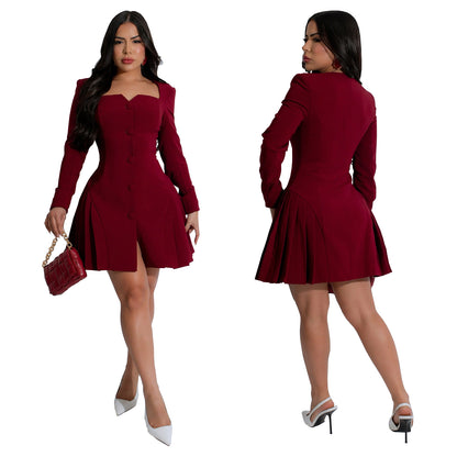 European and American Fashion Women's Elegant Deep V Long Sleeve Ruffled Short Dress