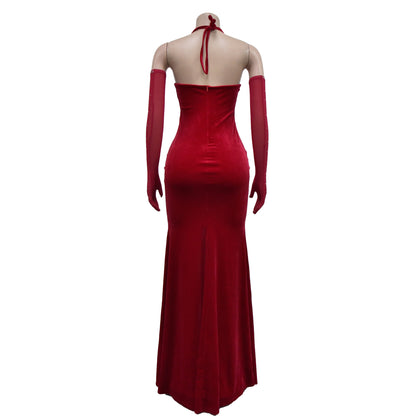Fashion Women's Solid Color Halter Neck Slit Sexy Long Dress