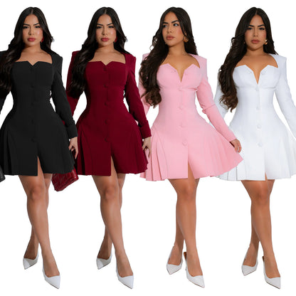 European and American Fashion Women's Elegant Deep V Long Sleeve Ruffled Short Dress
