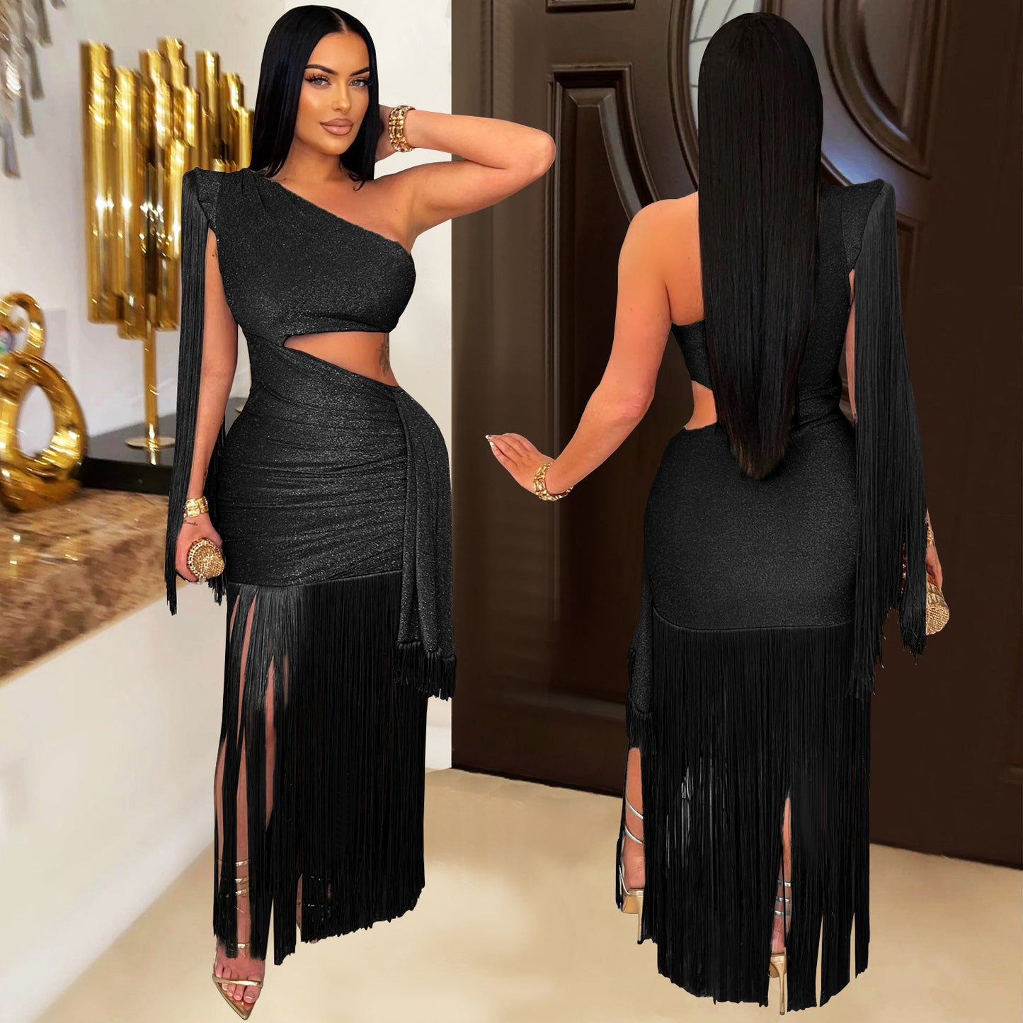 European and American Fashion Women's Sexy Casual One-Shoulder Tassel Long Dress