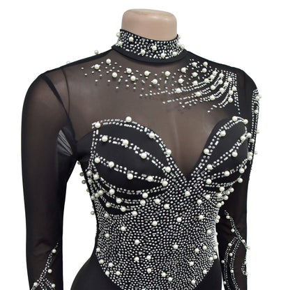 European and American Fashion Women's Solid Color Mesh Rhinestone Long Sleeve Long Pants Jumpsuit