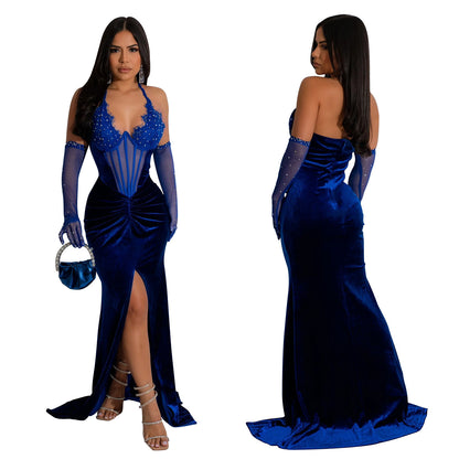 Fashion Women's Solid Color Halter Neck Slit Sexy Long Dress