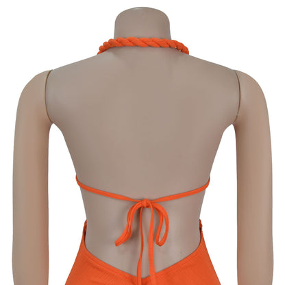 Fashion Women's Sexy Knitted Halter Backless Solid Color Dress