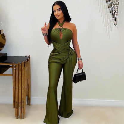 European and American Fashion Women's Solid Color Elegant Halter Neck Wide Leg Arm-Hugging Jumpsuit