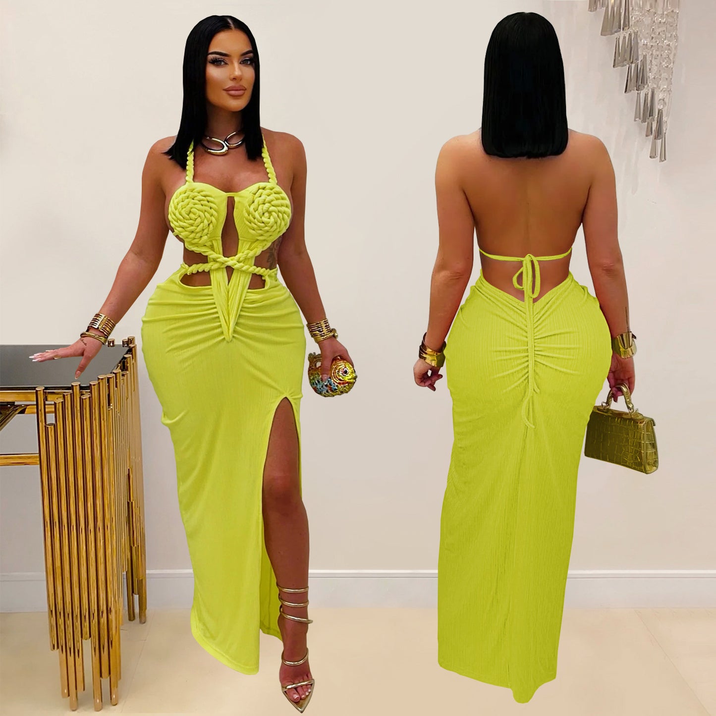 Fashion Women's Sexy Knitted Halter Backless Solid Color Dress