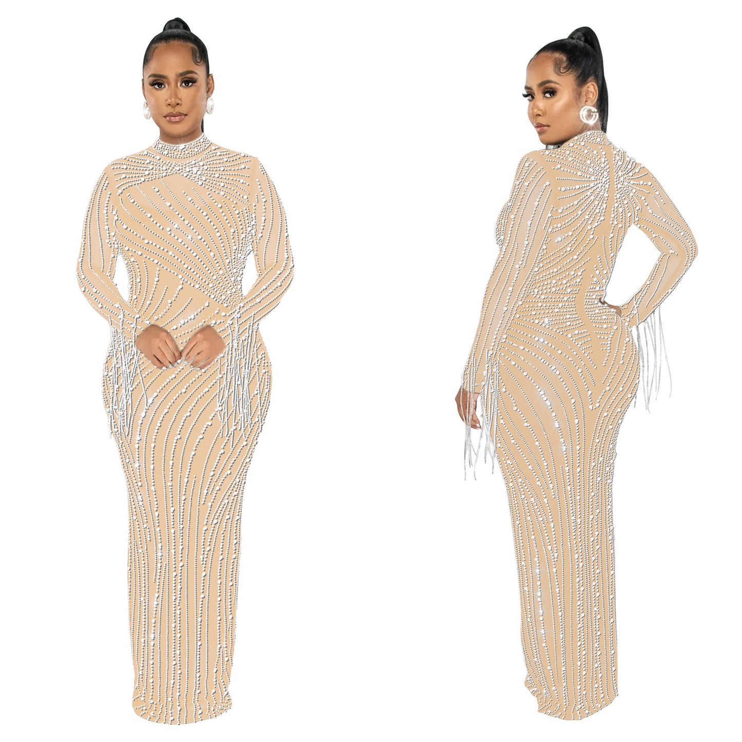 European and American Fashion Women's Clothing Mesh See-through Rhinestone Long Sleeve Long Dress Lined Two-piece Set
