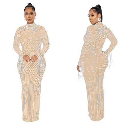 European and American Fashion Women's Clothing Mesh See-through Rhinestone Long Sleeve Long Dress Lined Two-piece Set