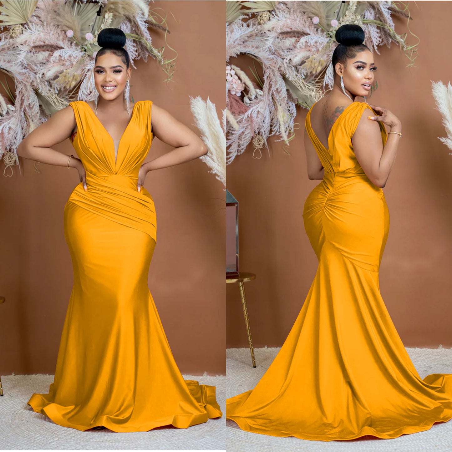 Fashion Women's Solid Color V-Neck Sleeveless Ruched Long Dress