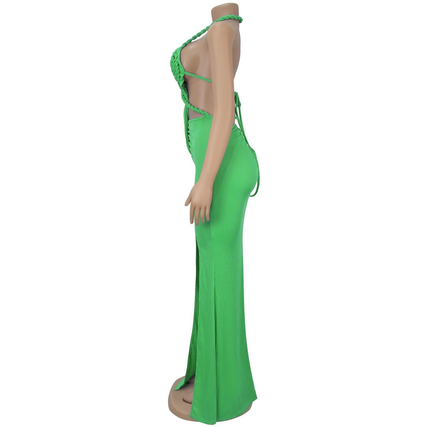Fashion Women's Sexy Knitted Halter Backless Solid Color Dress
