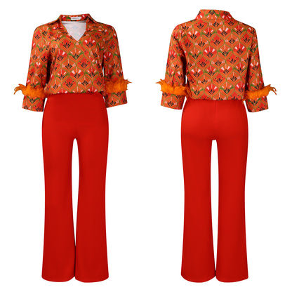 Printed Long Sleeve Shirt Elegant Wide Leg Pants Fashion Set