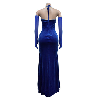 Fashion Women's Solid Color Halter Neck Slit Sexy Long Dress