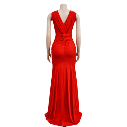 Fashion Women's Solid Color V-Neck Sleeveless Ruched Long Dress