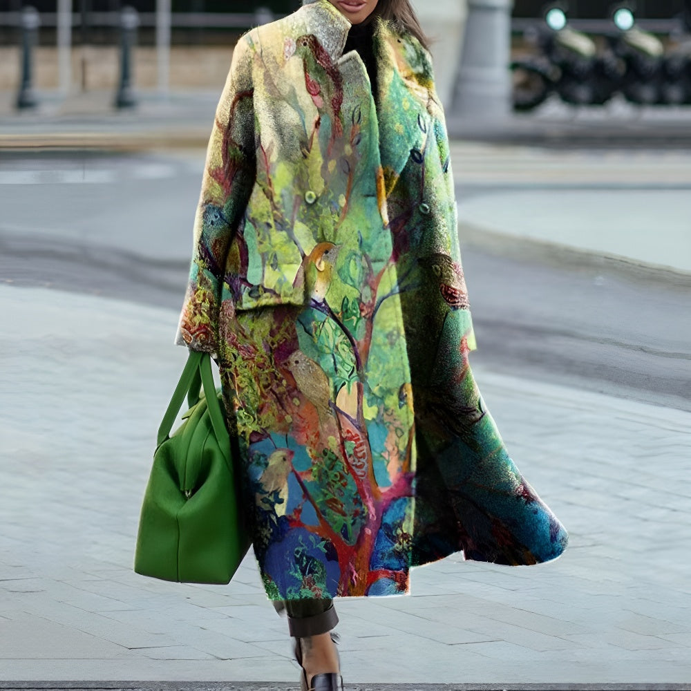 European and American Autumn Winter New Women's Loose Plus Size Printed Trench Coat with Turn-Down Collar Women's Coat