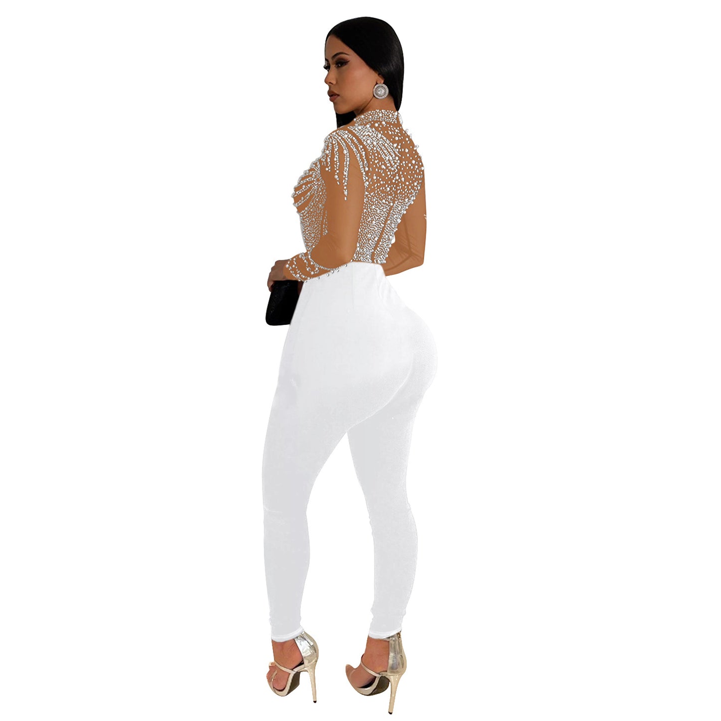 European and American Fashion Women's Solid Color Mesh Rhinestone Long Sleeve Long Pants Jumpsuit