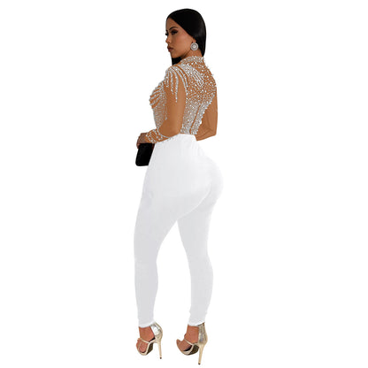 European and American Fashion Women's Solid Color Mesh Rhinestone Long Sleeve Long Pants Jumpsuit