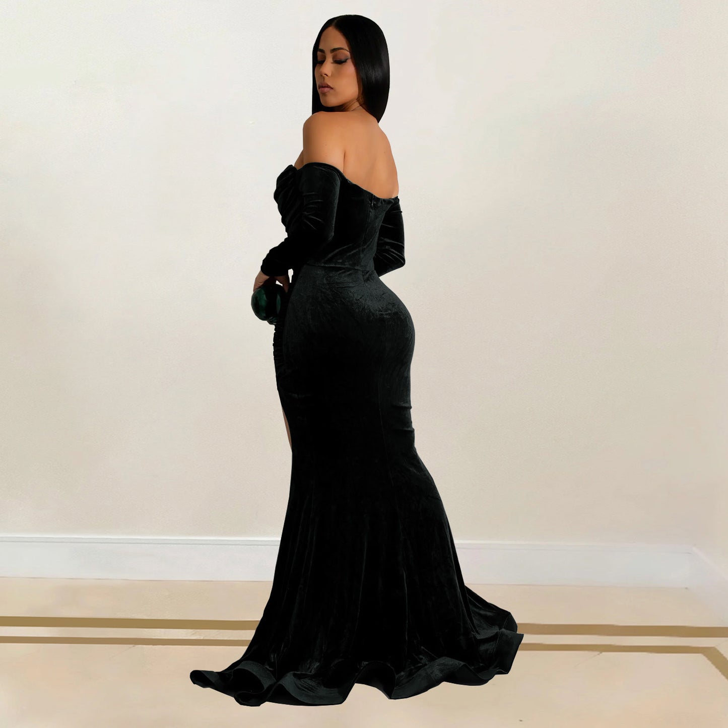 European and American Fashion Women's Solid Color Slit Evening Dress Low-Cut Dress New