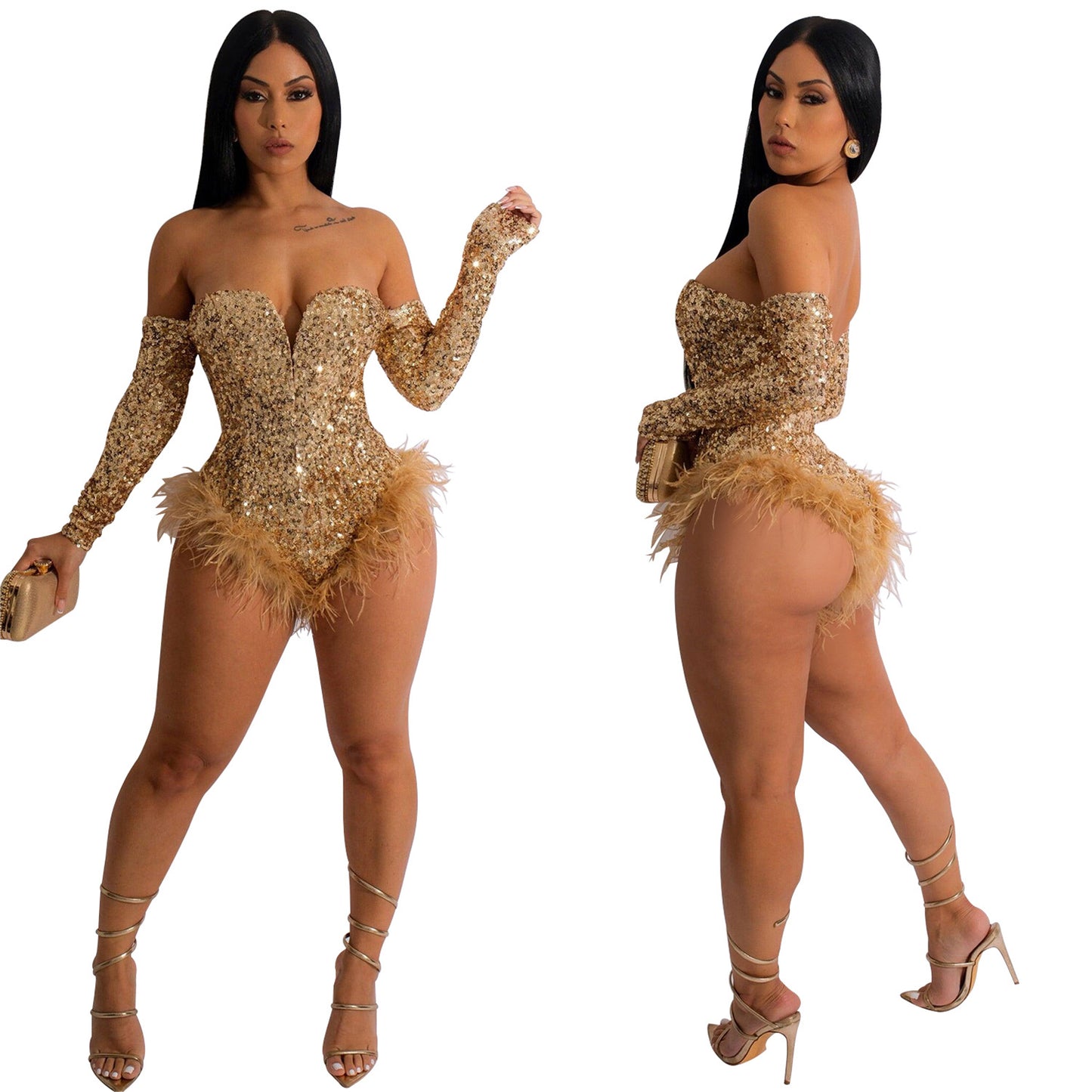 European and American Fashion Women's Solid Color Sequin Long Sleeve Short Jumpsuit