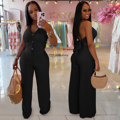 European and American Fashion Women's Casual Halter Neck Tie Top and Long Pants Two-Piece Set