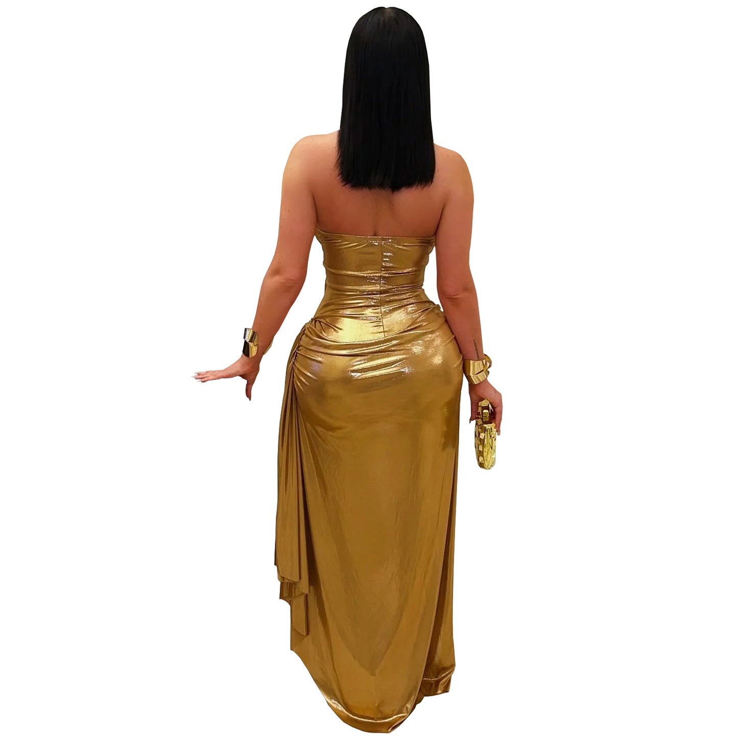 Women's Sexy Halter Neck Gold Chain Ruched Bodycon Dress