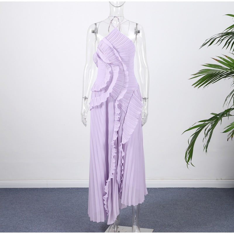 Summer Women's New Fashion Elegant Socialite Ruffled Pleated Halter Neck Strap Dress Long Dress for Women