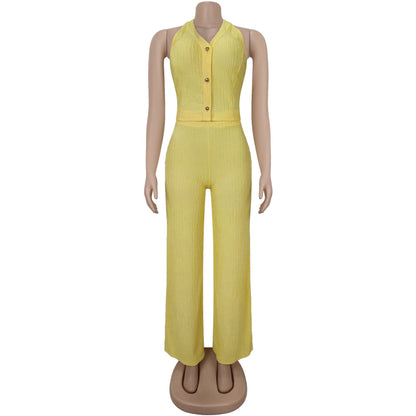 European and American Fashion Women's Casual Halter Neck Tie Top and Long Pants Two-Piece Set