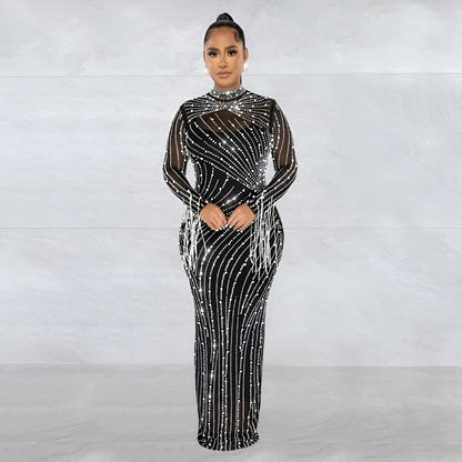 European and American Fashion Women's Clothing Mesh See-through Rhinestone Long Sleeve Long Dress Lined Two-piece Set