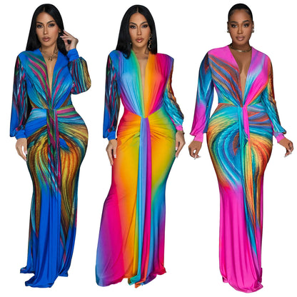 European and American Fashion Women's Pleated Color Block Casual Long Dress