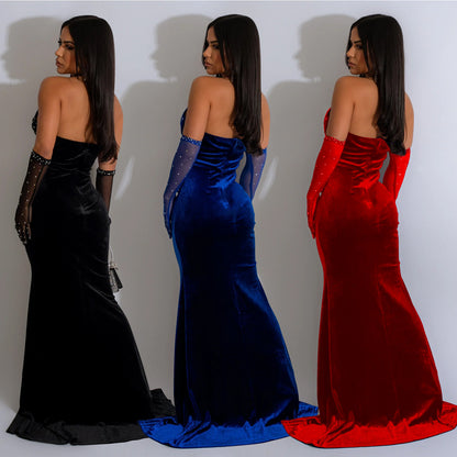 Fashion Women's Solid Color Halter Neck Slit Sexy Long Dress