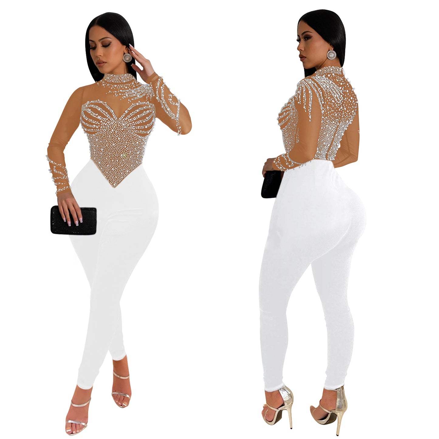 European and American Fashion Women's Solid Color Mesh Rhinestone Long Sleeve Long Pants Jumpsuit