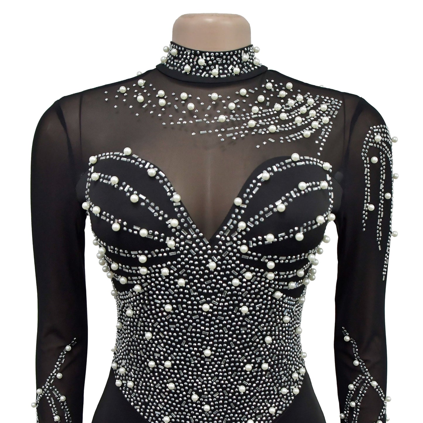 European and American Fashion Women's Solid Color Mesh Rhinestone Long Sleeve Long Pants Jumpsuit