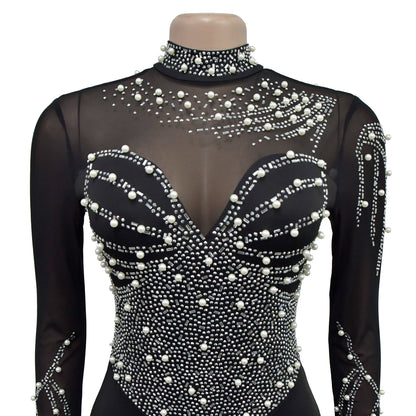 European and American Fashion Women's Solid Color Mesh Rhinestone Long Sleeve Long Pants Jumpsuit