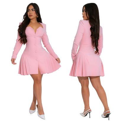 European and American Fashion Women's Elegant Deep V Long Sleeve Ruffled Short Dress