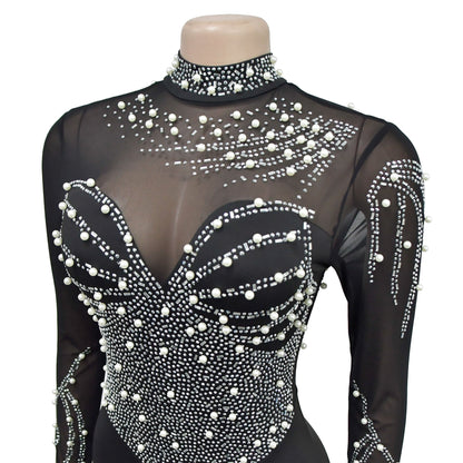 European and American Fashion Women's Solid Color Mesh Rhinestone Long Sleeve Long Pants Jumpsuit