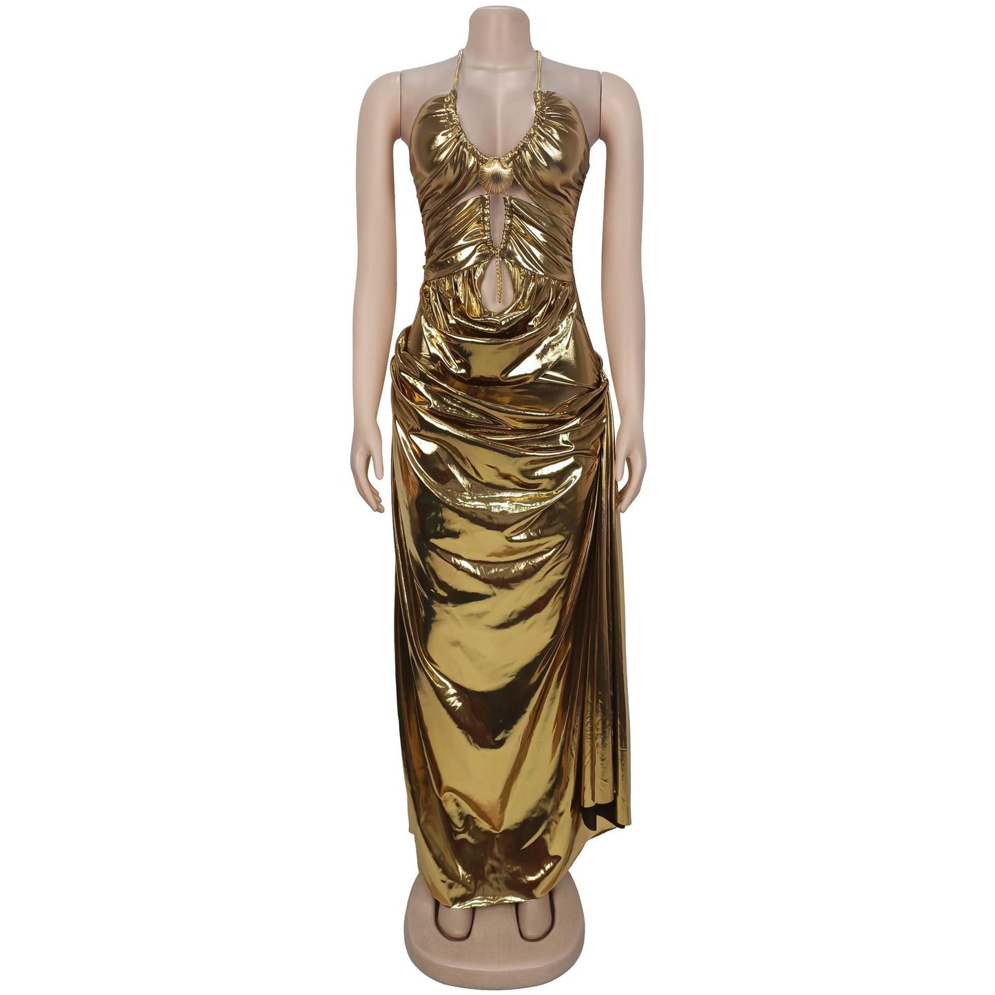 Women's Sexy Halter Neck Gold Chain Ruched Bodycon Dress