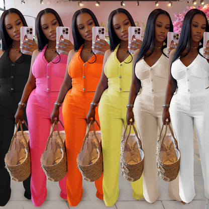 European and American Fashion Women's Casual Halter Neck Tie Top and Long Pants Two-Piece Set