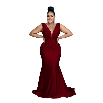 Fashion Women's Solid Color V-Neck Sleeveless Ruched Long Dress