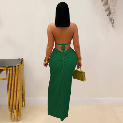 Fashion Women's Sexy Knitted Halter Backless Solid Color Dress