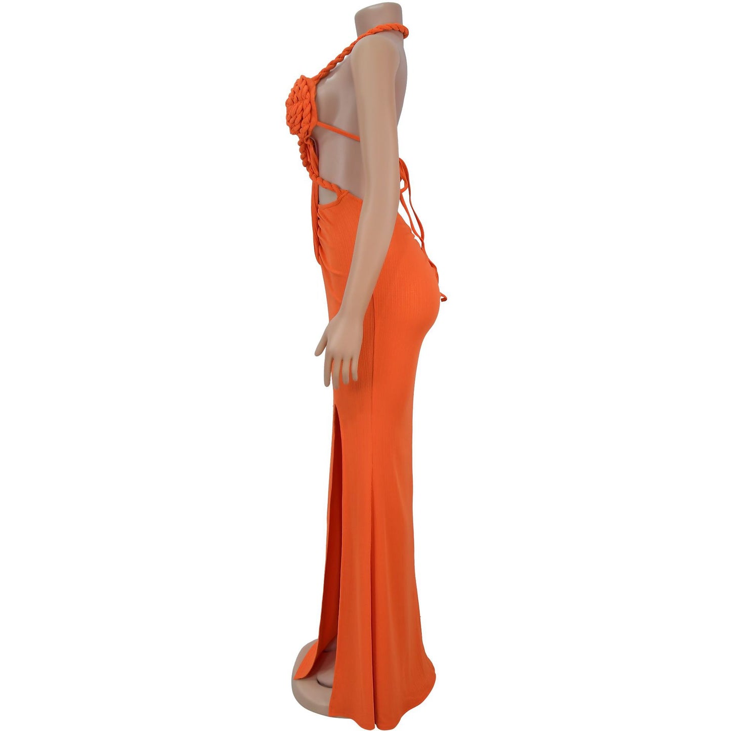 Fashion Women's Sexy Knitted Halter Backless Solid Color Dress