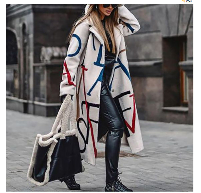 European and American Autumn Winter New Women's Loose Plus Size Printed Trench Coat with Turn-Down Collar Women's Coat
