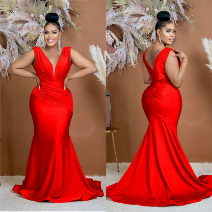 Fashion Women's Solid Color V-Neck Sleeveless Ruched Long Dress