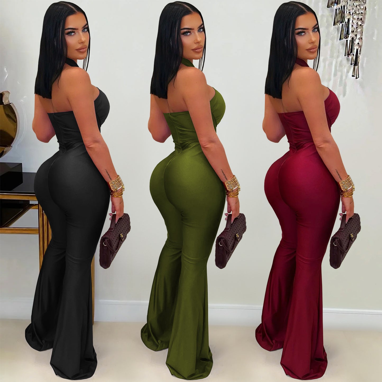 European and American Fashion Women's Solid Color Elegant Halter Neck Wide Leg Arm-Hugging Jumpsuit