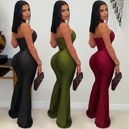 European and American Fashion Women's Solid Color Elegant Halter Neck Wide Leg Arm-Hugging Jumpsuit