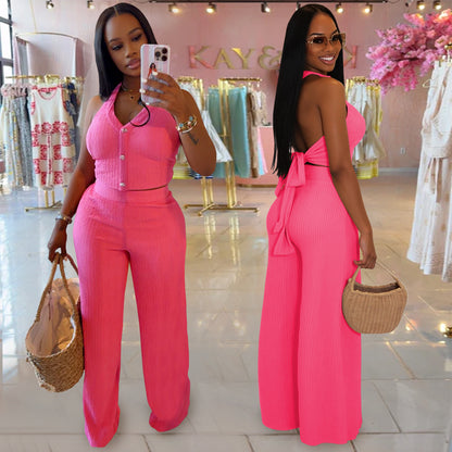 European and American Fashion Women's Casual Halter Neck Tie Top and Long Pants Two-Piece Set